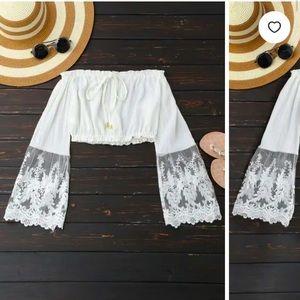 Mesh Panel Off Shoulder Cropped Blouse - White S